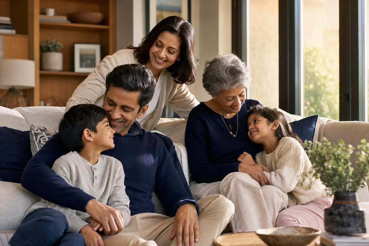 Three generations of a family sitting together on a sofa at home.