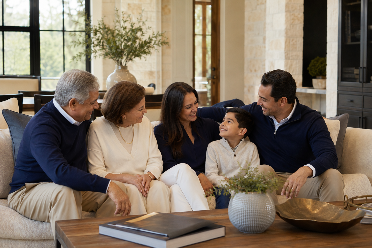 An extended family talking together in a living room.