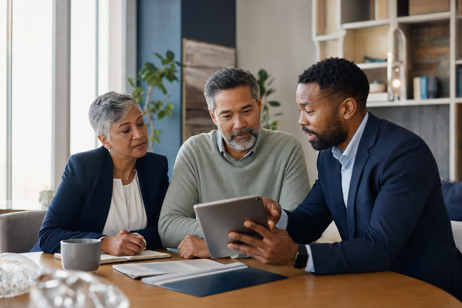 A couple reviewing account information on a tablet with a financial professional.