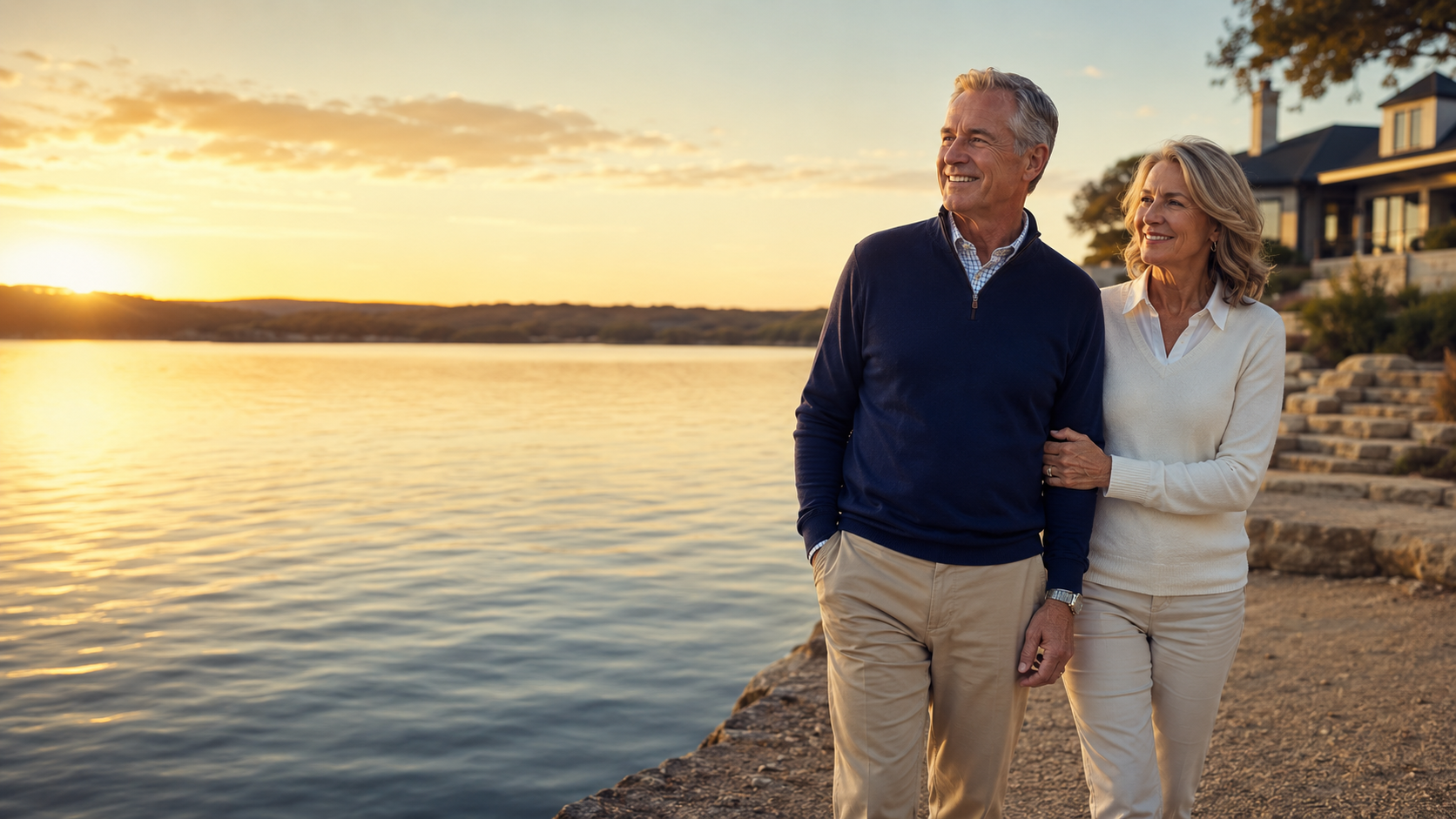 A couple walking together along a Texas lakeshore at sunset.