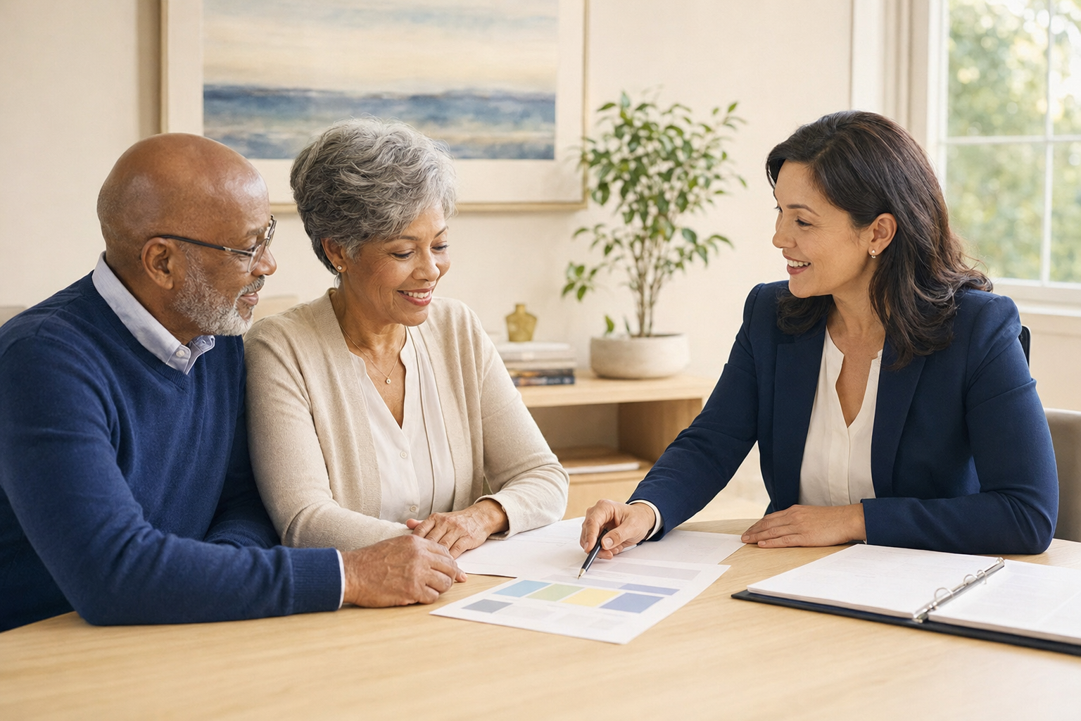 A couple reviewing plan comparison pages at a table with an insurance professional.