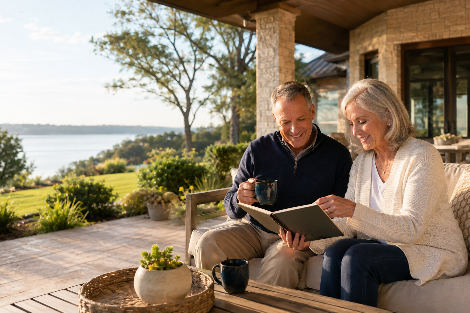 A retired couple reading together on a shaded porch overlooking a lake.